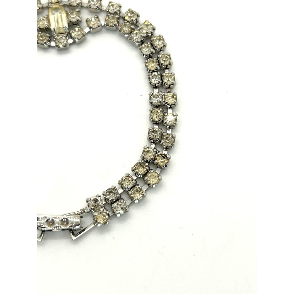 Vintage Clear Rhinestone Bracelet With Double Row Center Baguette Stone 7 Inch - Picture 3 of 10